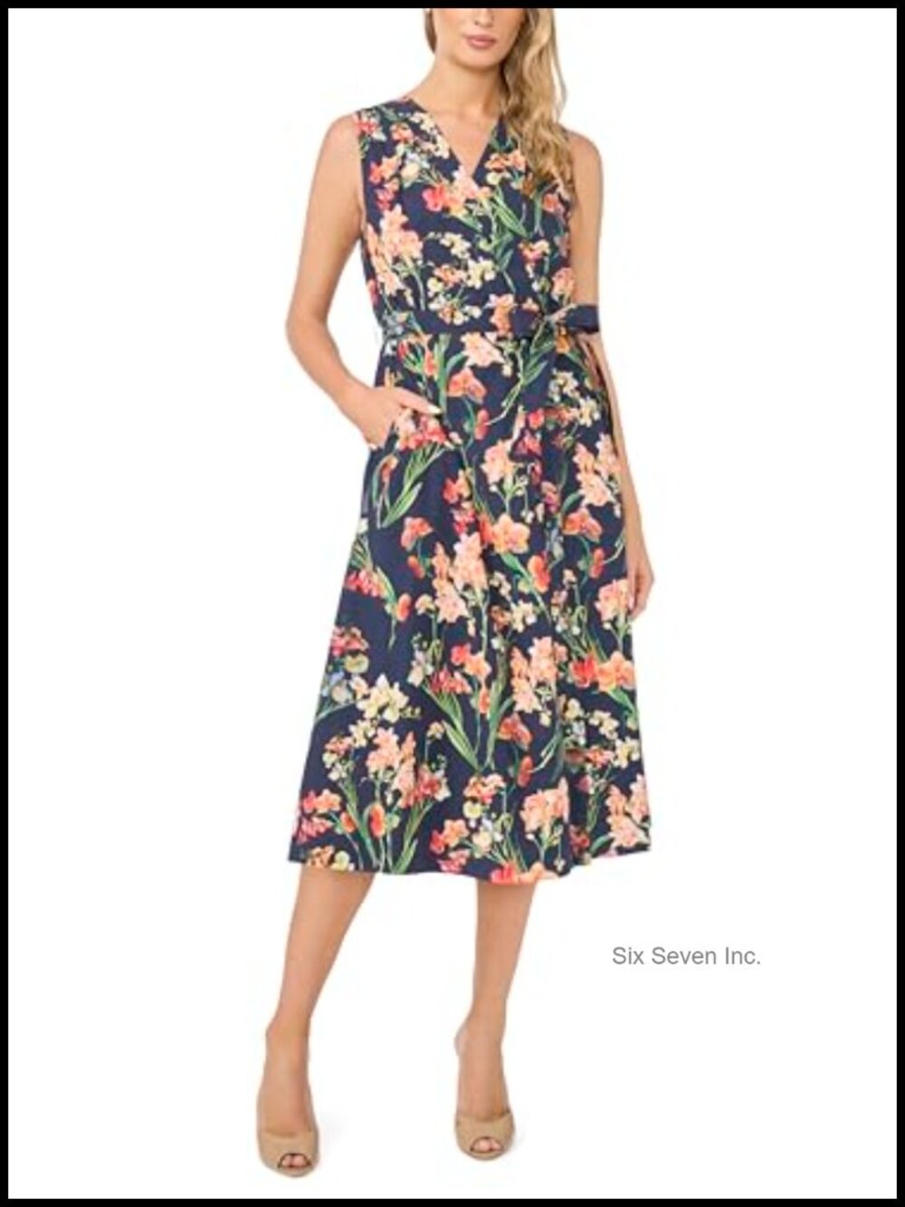 Sleeveless V Neck Tie Waist Midi Dress Fit & Flare Zipper